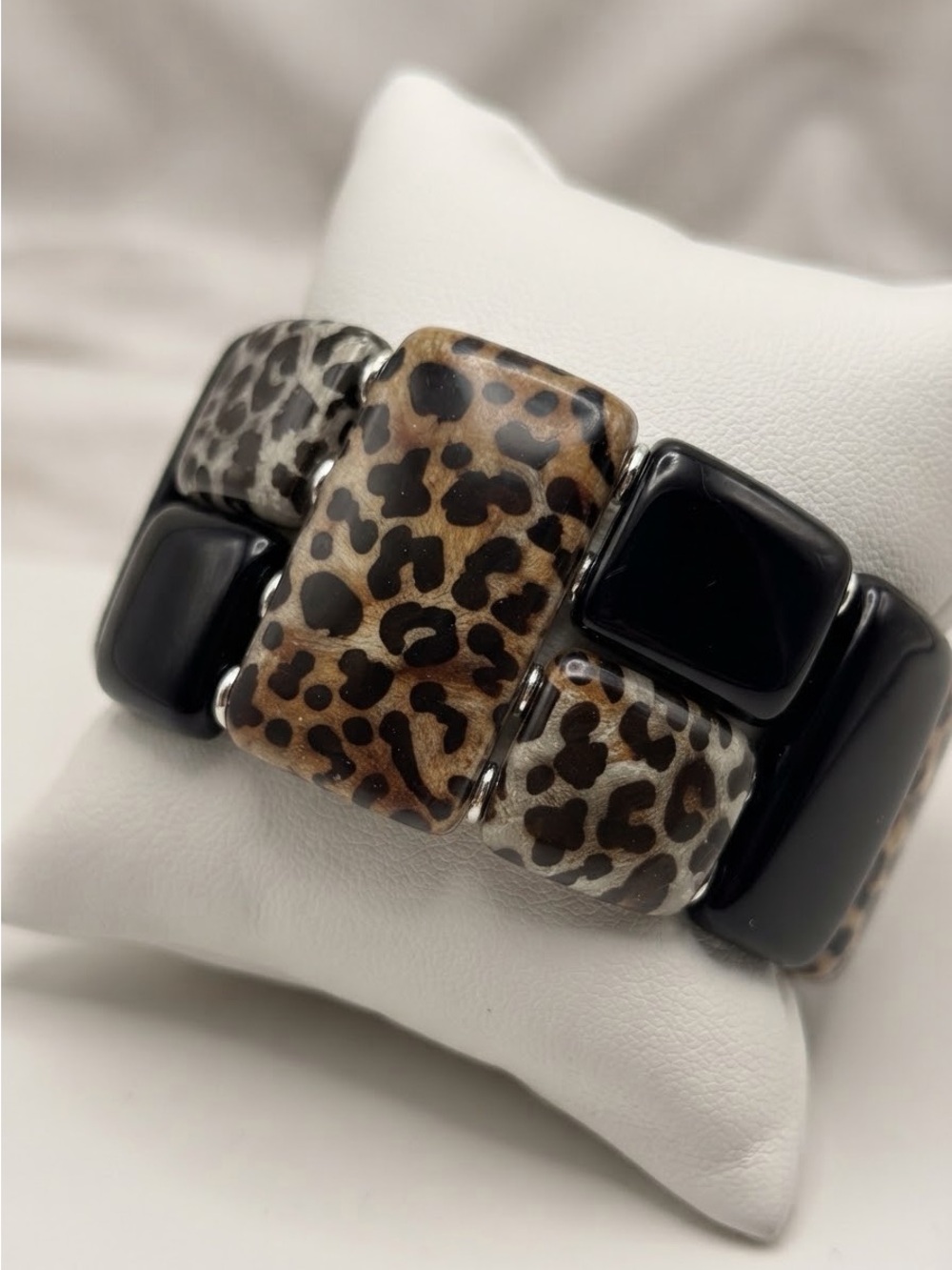 Black Leopard Print Chunky Stretch Bracelet | Geometric Animal Print Statement